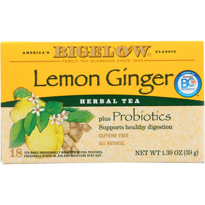 BIGELOW: Lemon Ginger Herbal Tea Probiotics 18 Bags, 1.39 oz